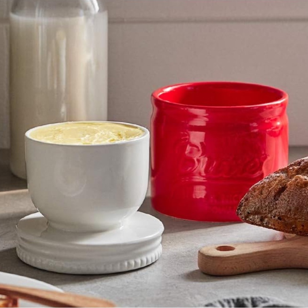 Dowan Red/White Ceramic Butter Keeper Crock